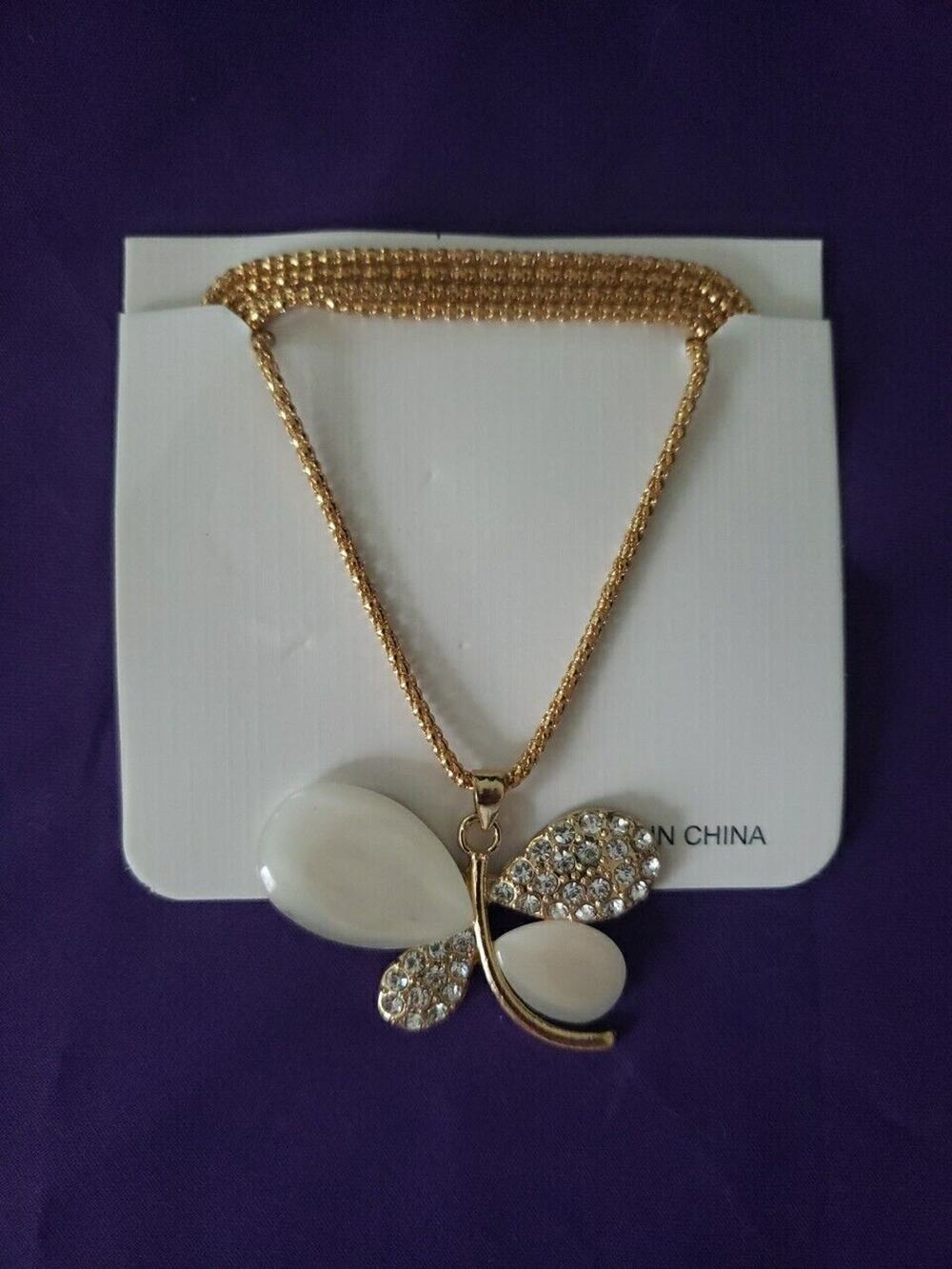Butterfly Pendant Necklace Gold Tone, White Stones & Crystal Clear Rhinestones
